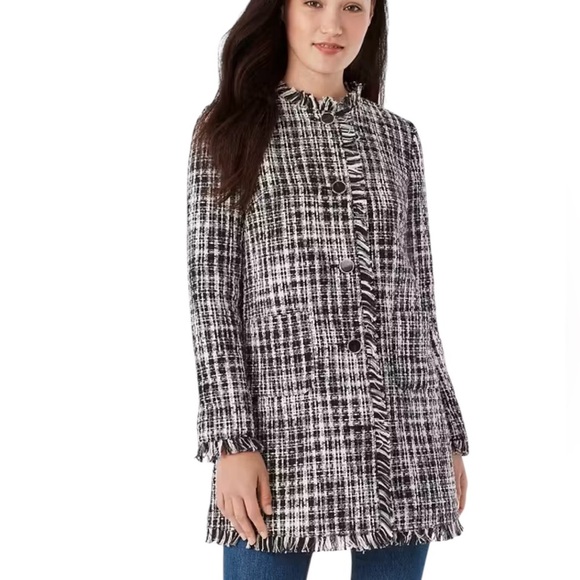 Kate spade Tweed Coat with Fringe Detail Black and White Size 2 - Picture 1 of 12